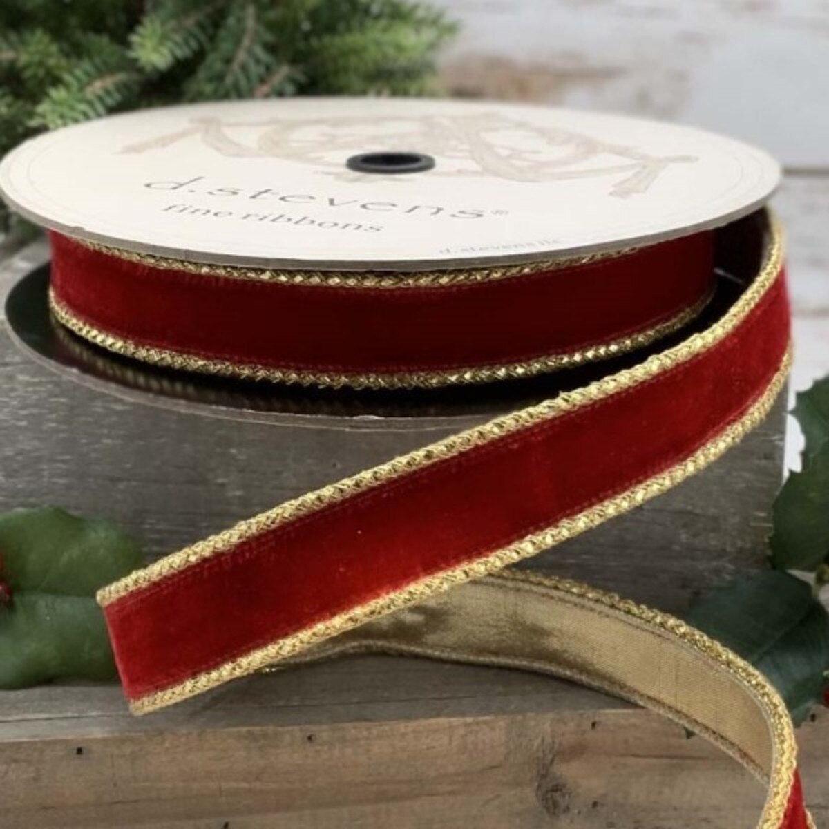 1" x 10yds Red Velvet Gold Braid Edge Ribbon
