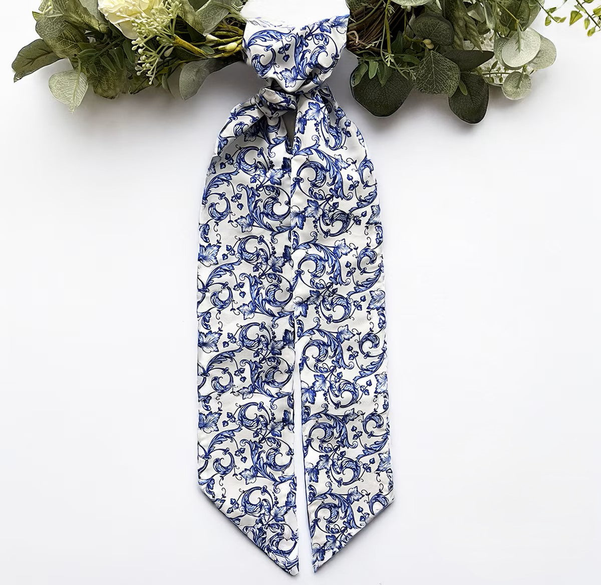 4" x 56" Taffeta Acanthus Scroll Chinoiserie Sash- Royal Blue White