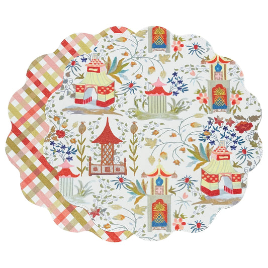 VIDA Pagoda and Carlie Plaid Reversible 15.5 Round Placemats Set of 4 Red and Orange
