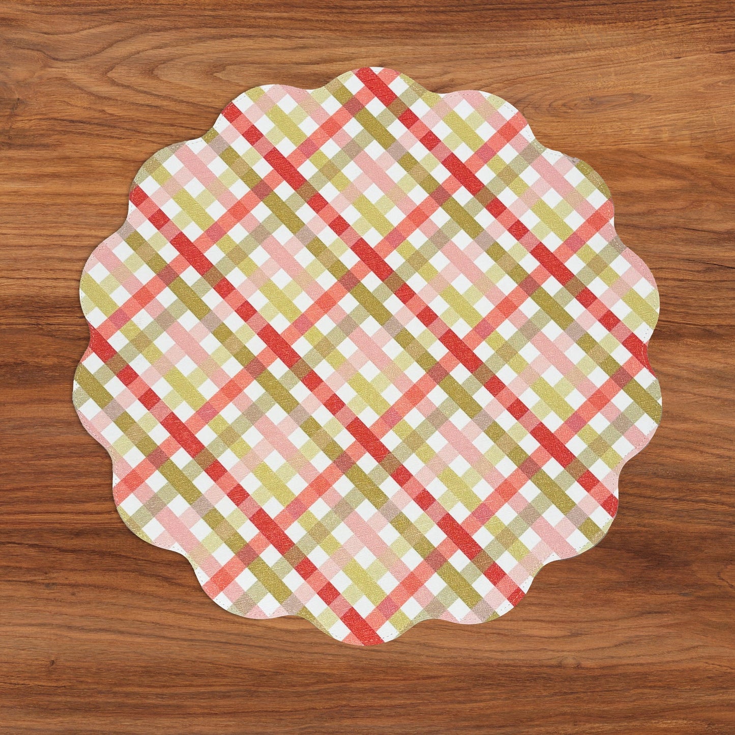 VIDA Pagoda and Carlie Plaid Reversible 15.5 Round Placemats Set of 4 Red and Orange