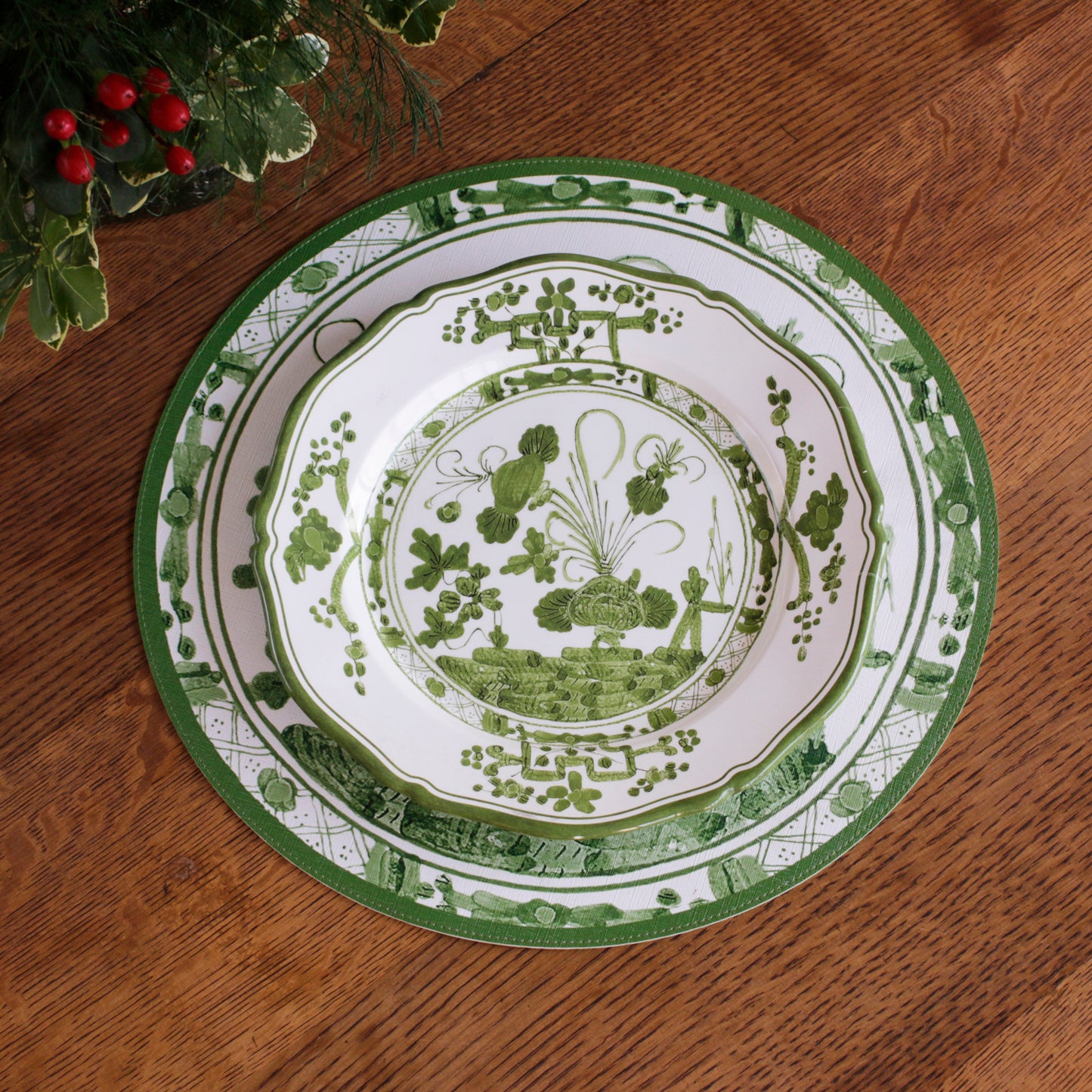 VIDA Faenza 11" Dinner Plate Set of 4 (White and Green)