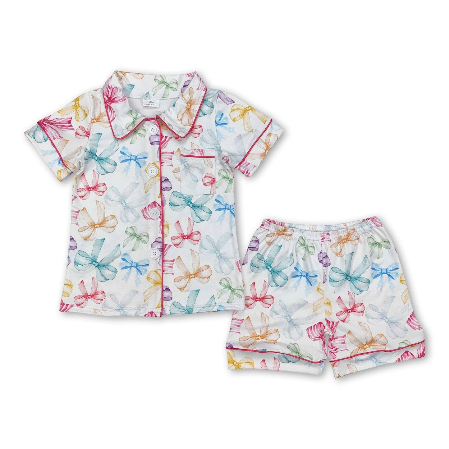 Short Sleeve Multi Color Bow Kids Girls Button Down Pajamas