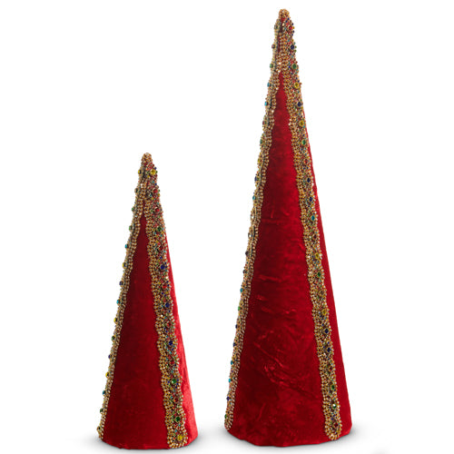 18" Red Velvet Jeweled Cone Trees