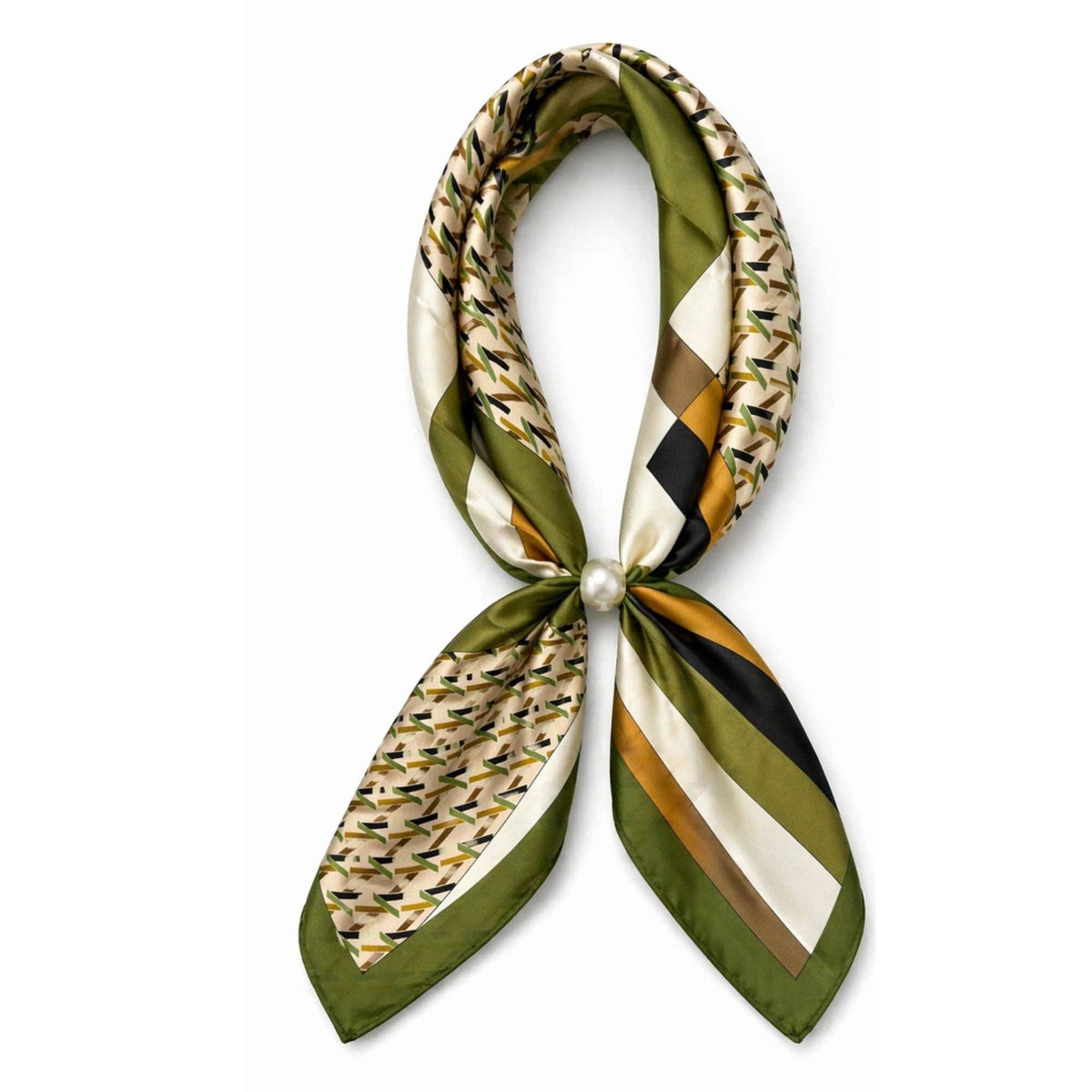 Olive Green and Cream Patterned Ready To Wear Magnetic Scarf