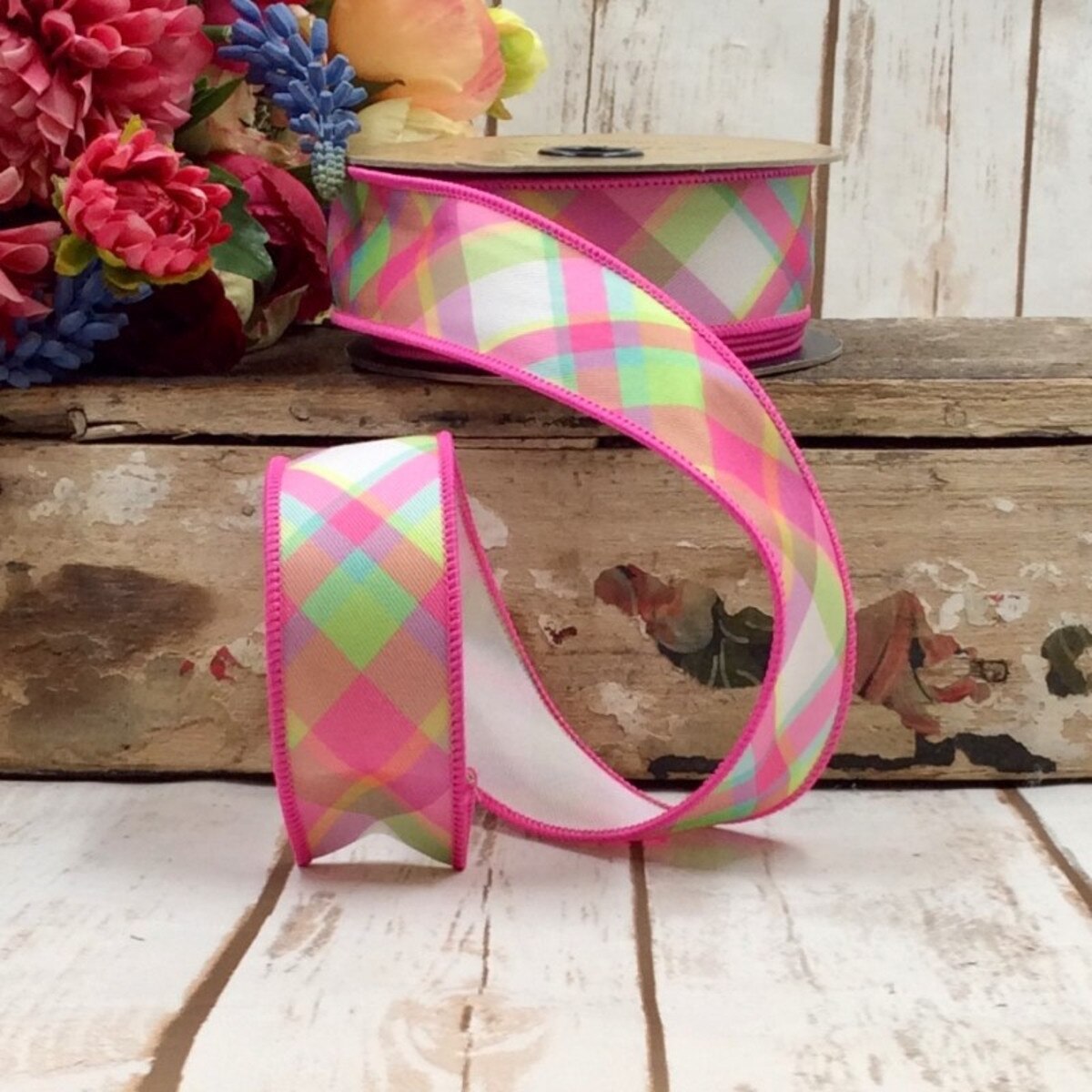 1.5" x 10yds Poplin Spring Plaid Diagonal- Pink Green White