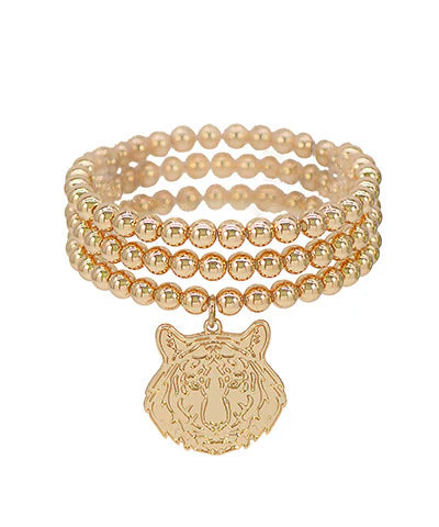 Set of 3 Gold Ball Bracelet with Tiger Head