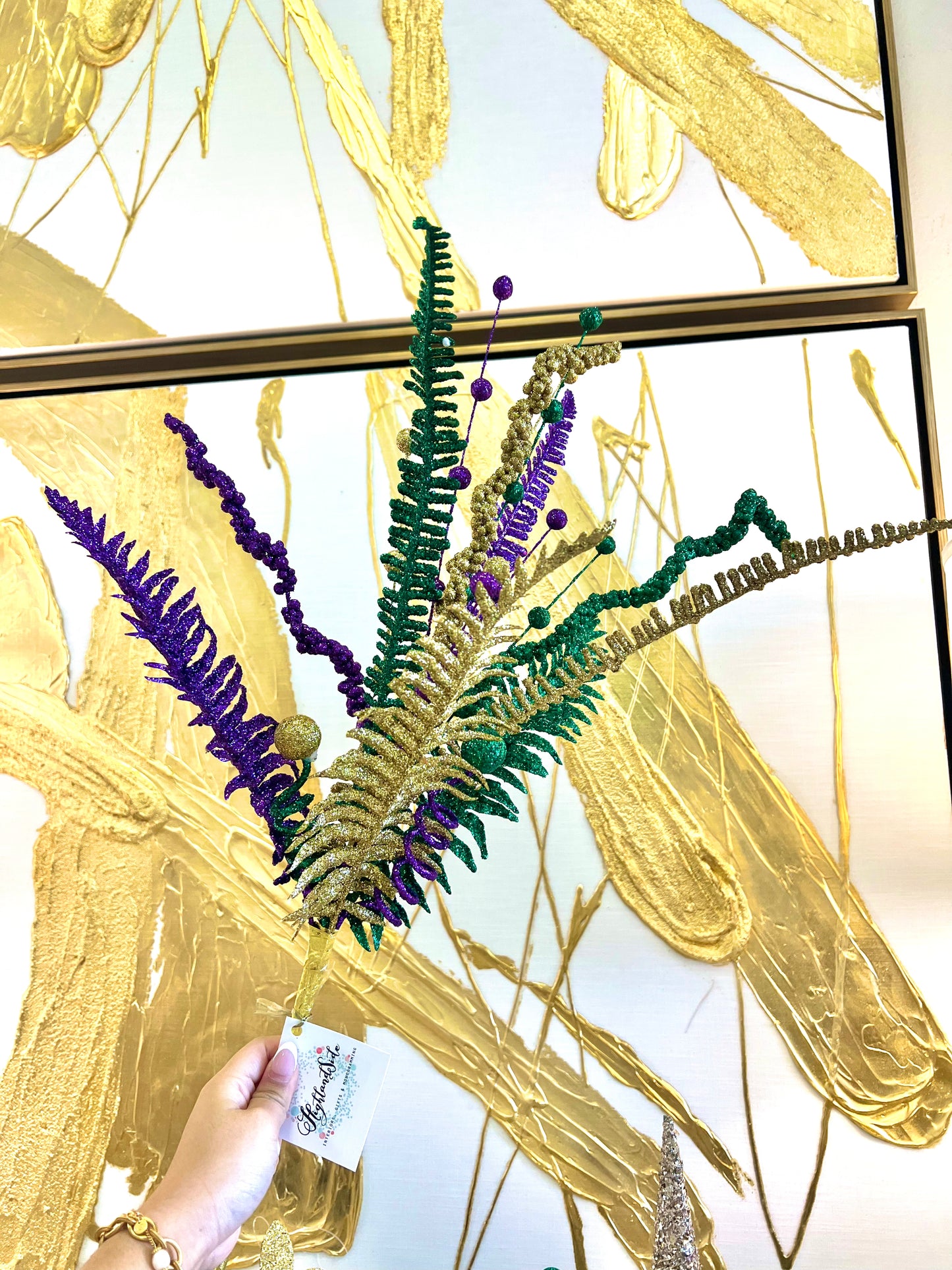 Mardi Gras Fern Glitter Ball Leaf Spray