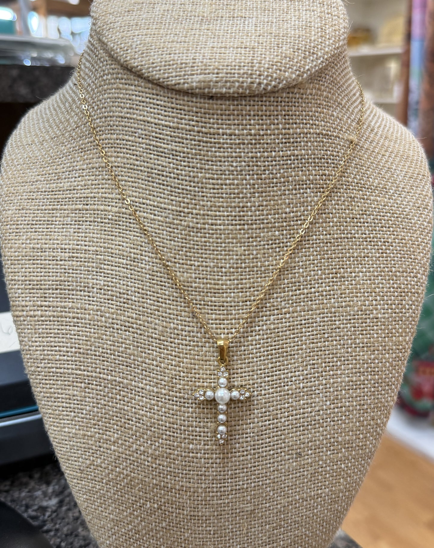 Pearl-Studded Cross Necklace