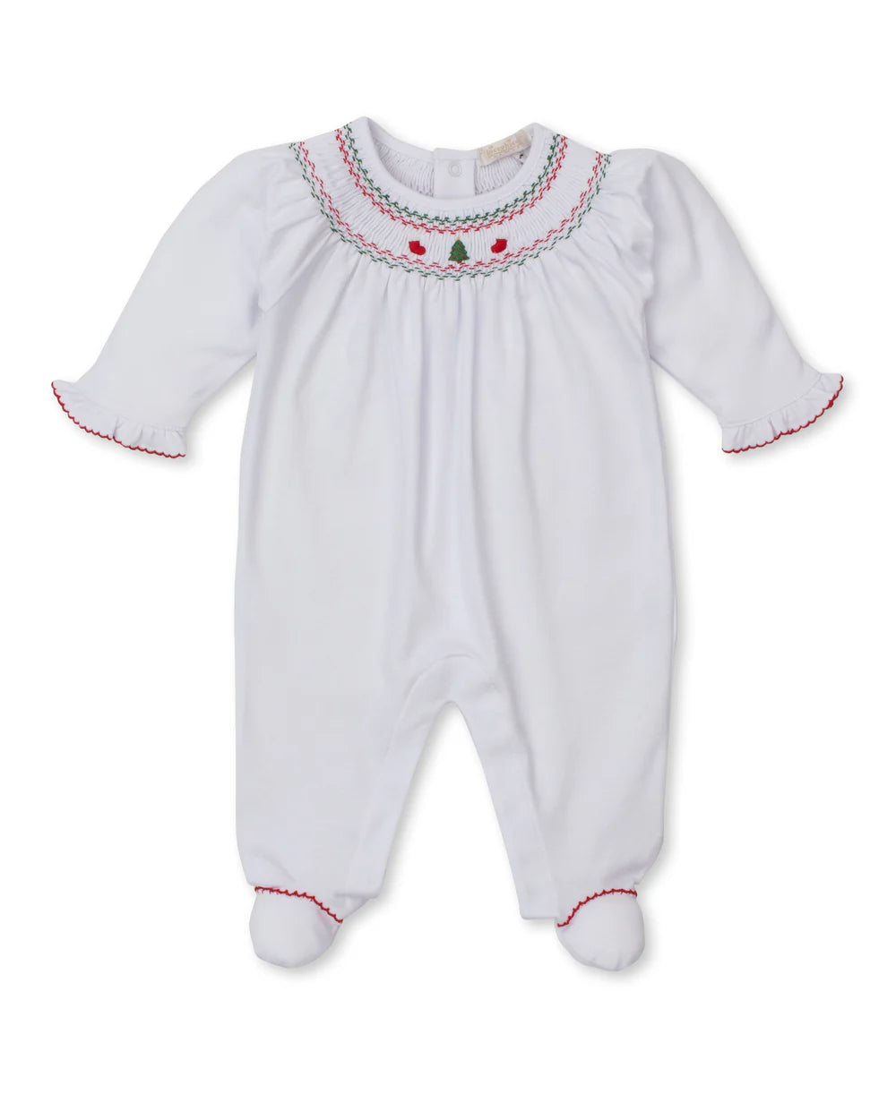 Kissy Kissy CLB Holiday Medley 25 Christmas Tree White Hand Smocked Footie