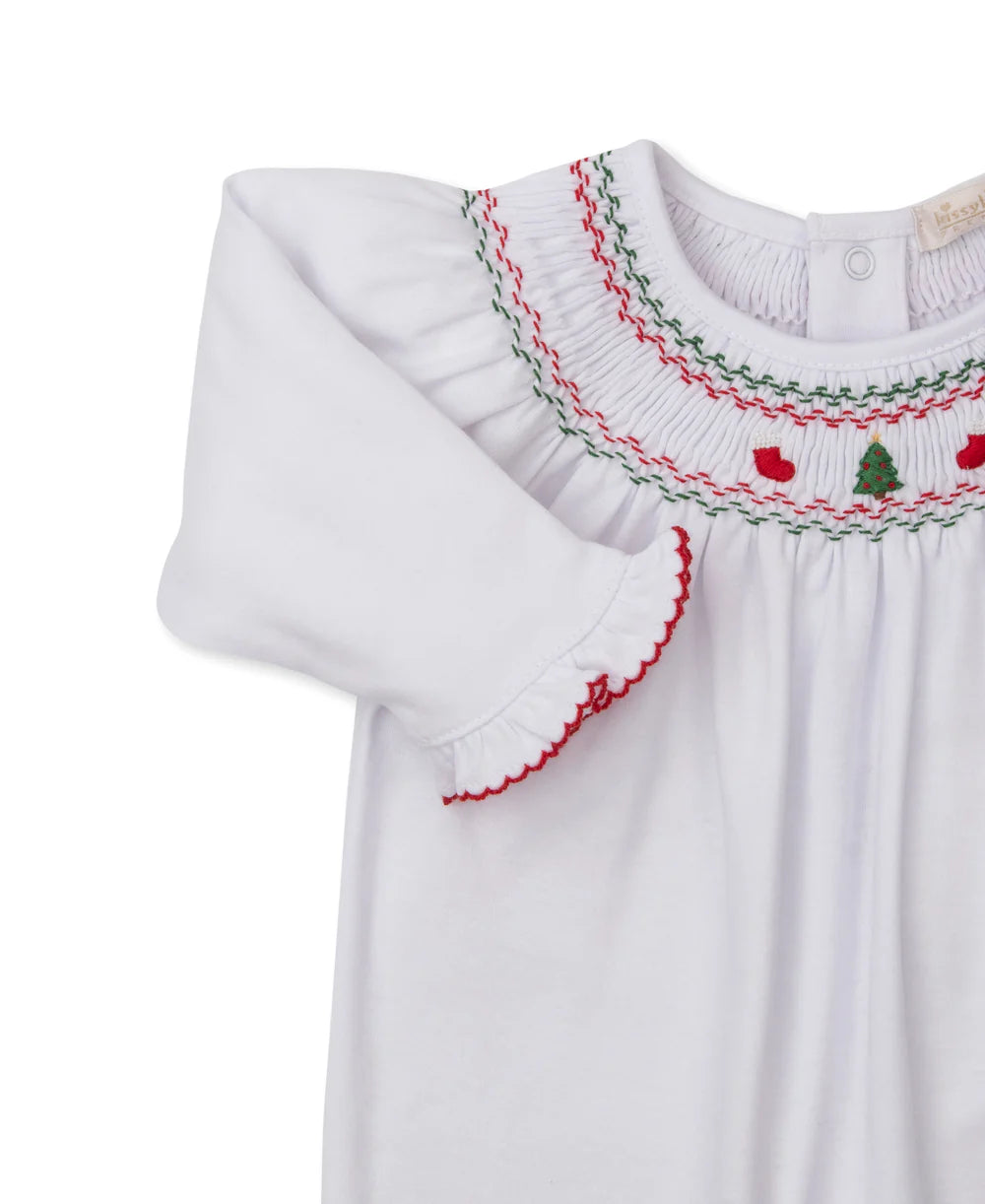 Kissy Kissy CLB Holiday Medley 25 Christmas Tree White Hand Smocked Footie