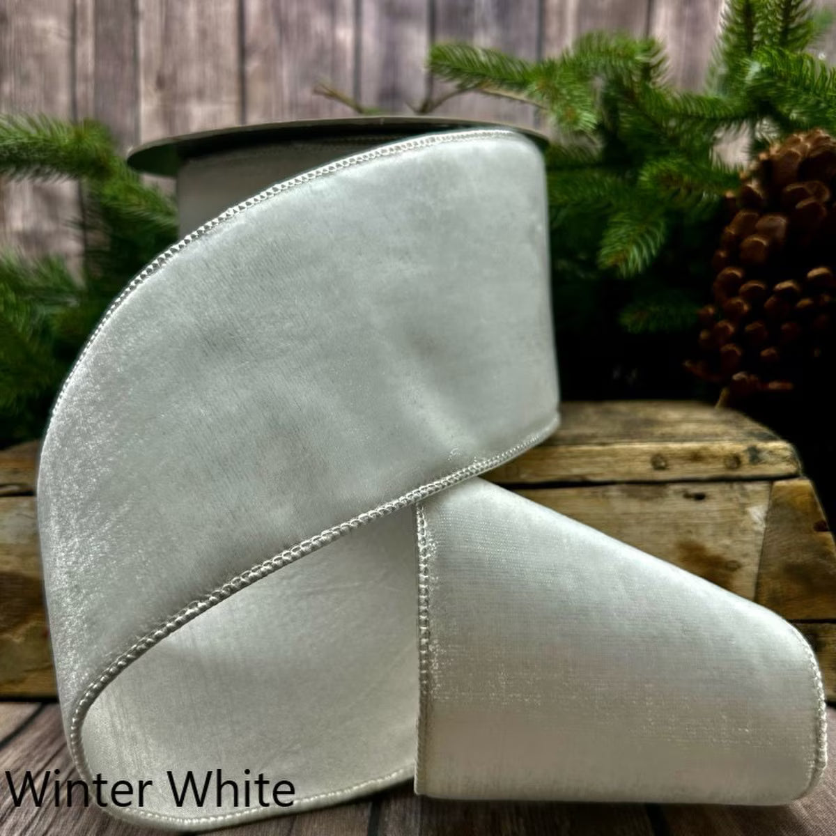 4" VP Lush Velvet Mating Dupion Back Ribbon, Winter White