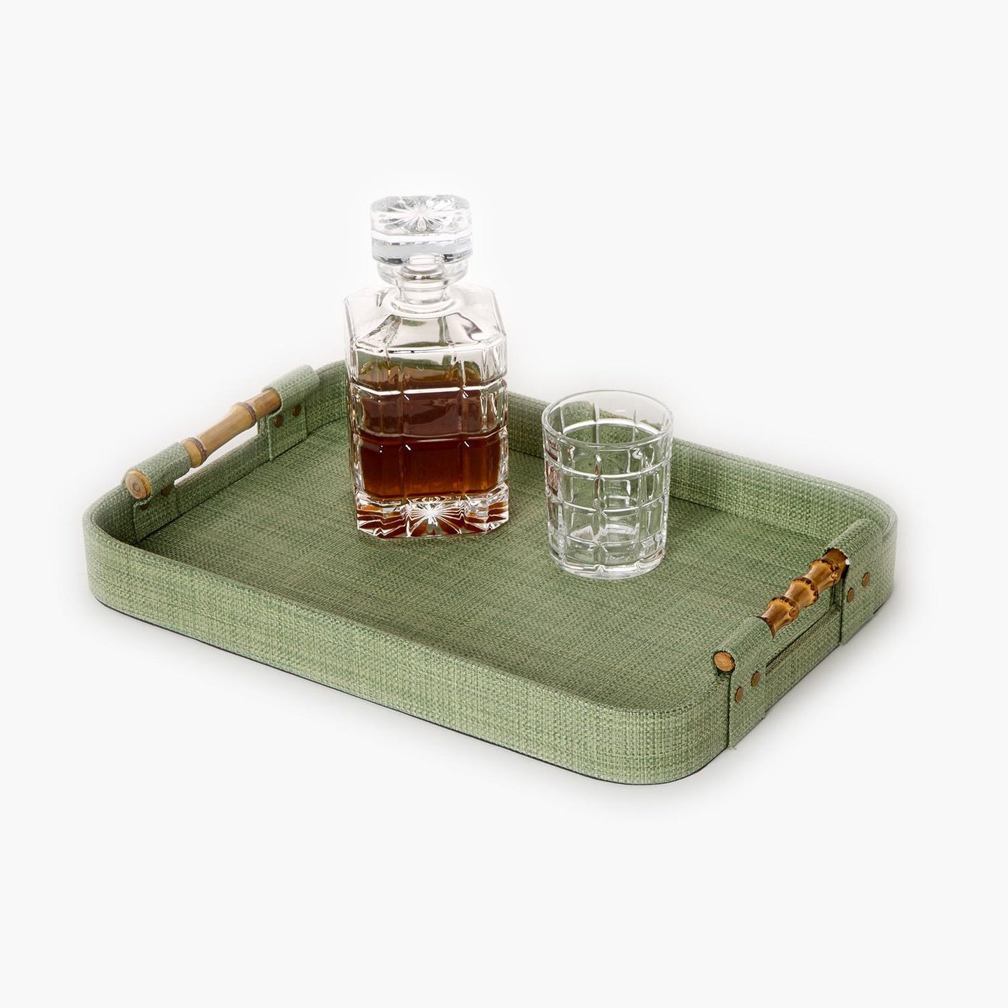 Monaco Green Faux Seagrass Decorative Rectangle Tray with Oval Corner & Bamboo Handles