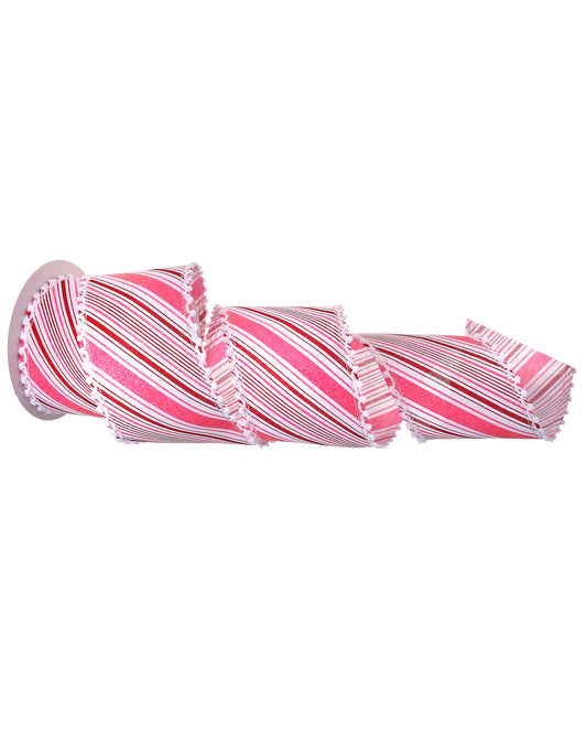 4" x 10 Yd Pom Pom Edge Candy Stripe Wired Ribbon
