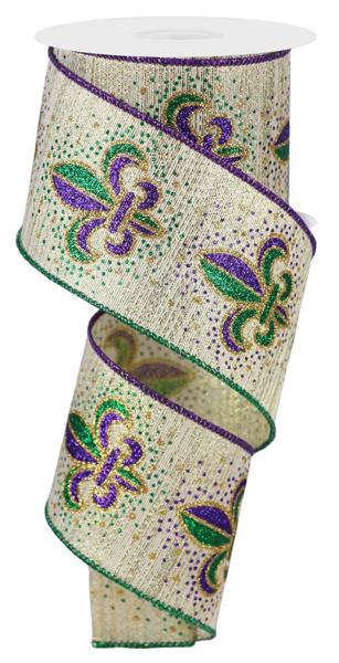 2.5" X 10 Yd Mardi Gras Metallic Fleur-de-Lis Ribbon