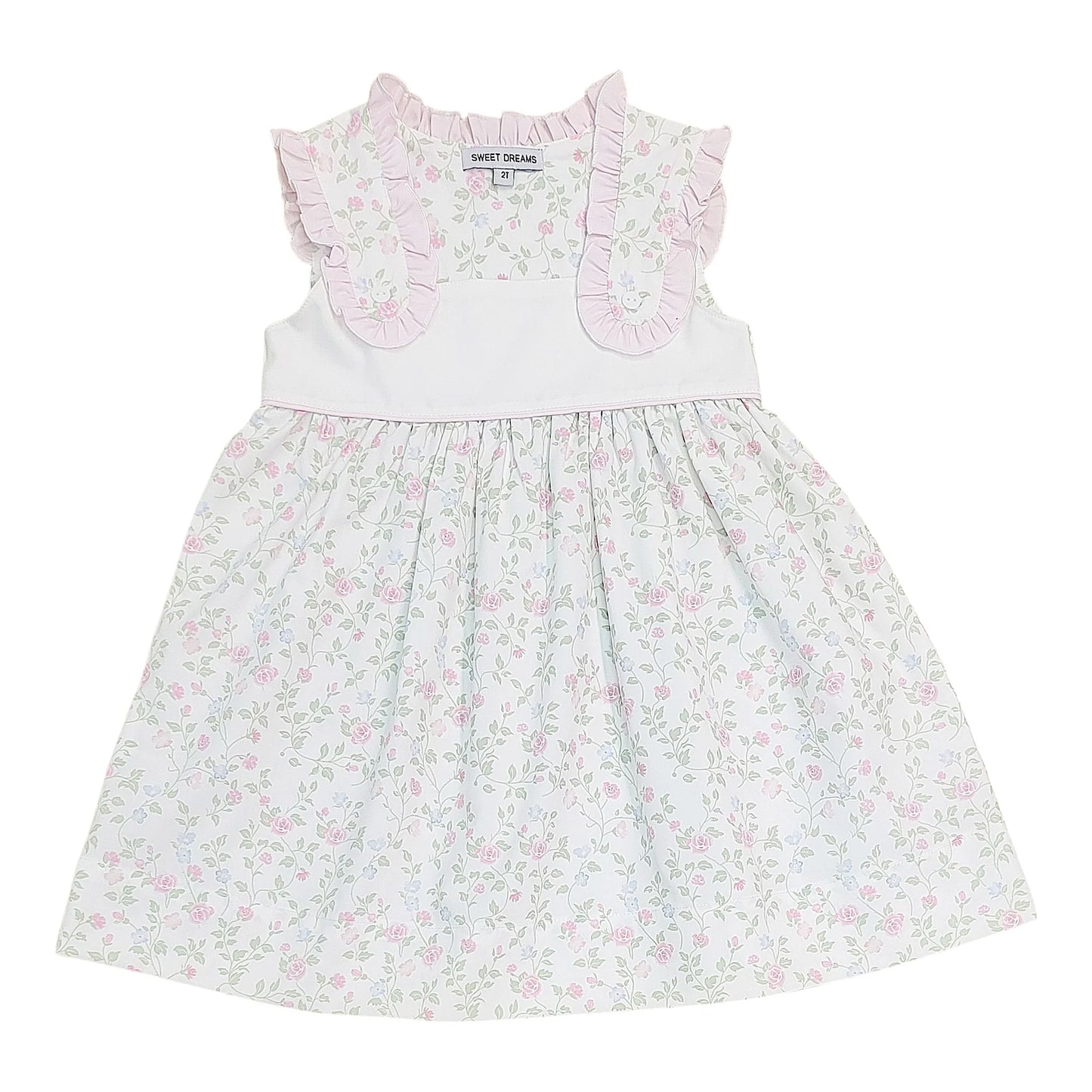 Pink/Blue Floral Ruffle Trim Dress
