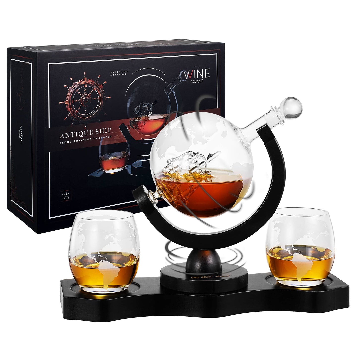 Rotating Whiskey Decanter Globe Set with 2 Glasses