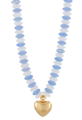 Blue and White Beaded Puffy Heart Necklace