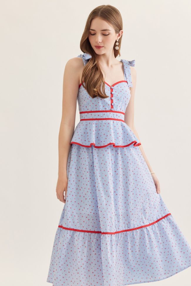 Light Blue Midi Dress with Red Trim Large