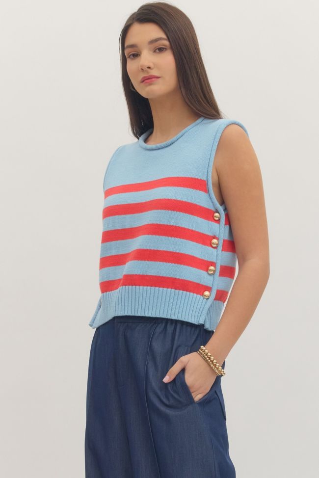 Blue and Red Sleeveless Shirt with Gold Buttons