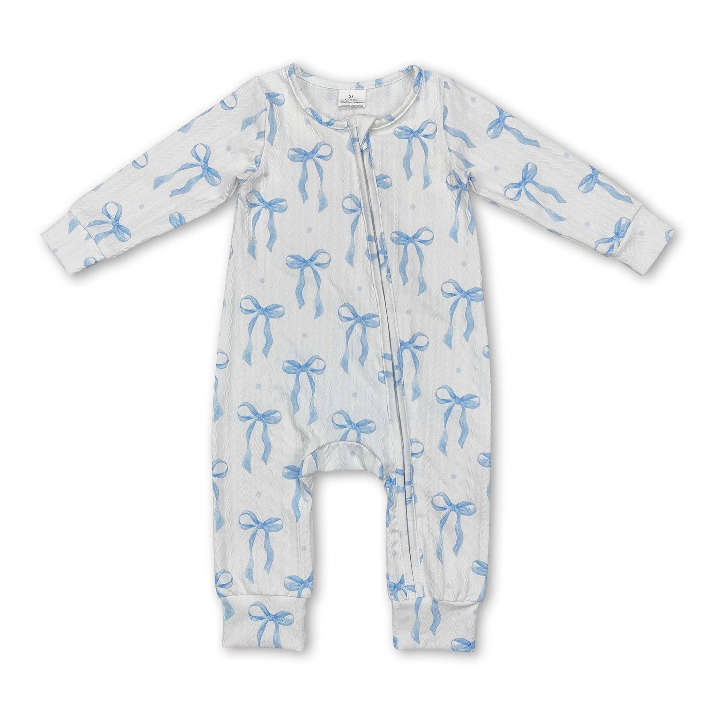 Long Sleeve Light Blue Bow Cable Knit Baby Girl Zipper Romper