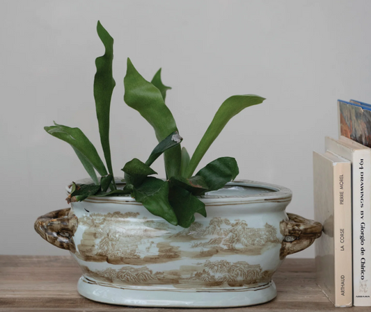 Hand-Painted Stoneware Vintage Reproduction Planter with Landscape