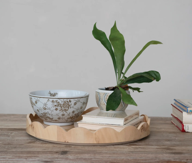 Burl Wood Veneer Scalloped Lazy Susan