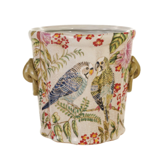 Green & Multi Color Stoneware Planter/Vase w/ Parakeets & Handles
