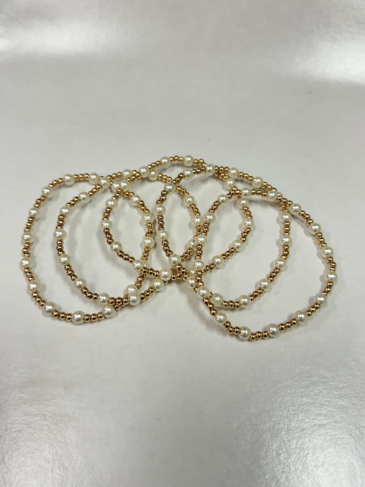 Set of 5 Stretch Water Resistant Faux Pearl & Gold Ball Bracelets