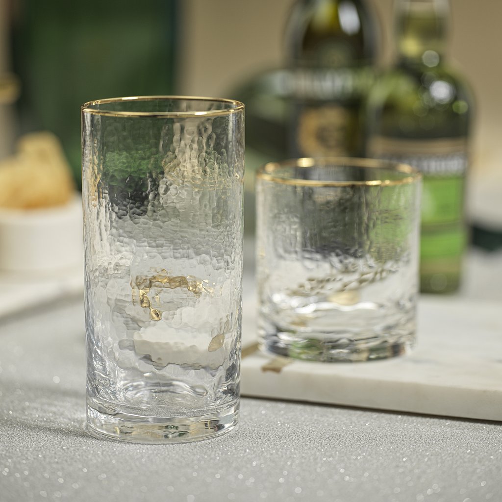 Negroni Hammered Highball Glass - Clear with Gold Rim