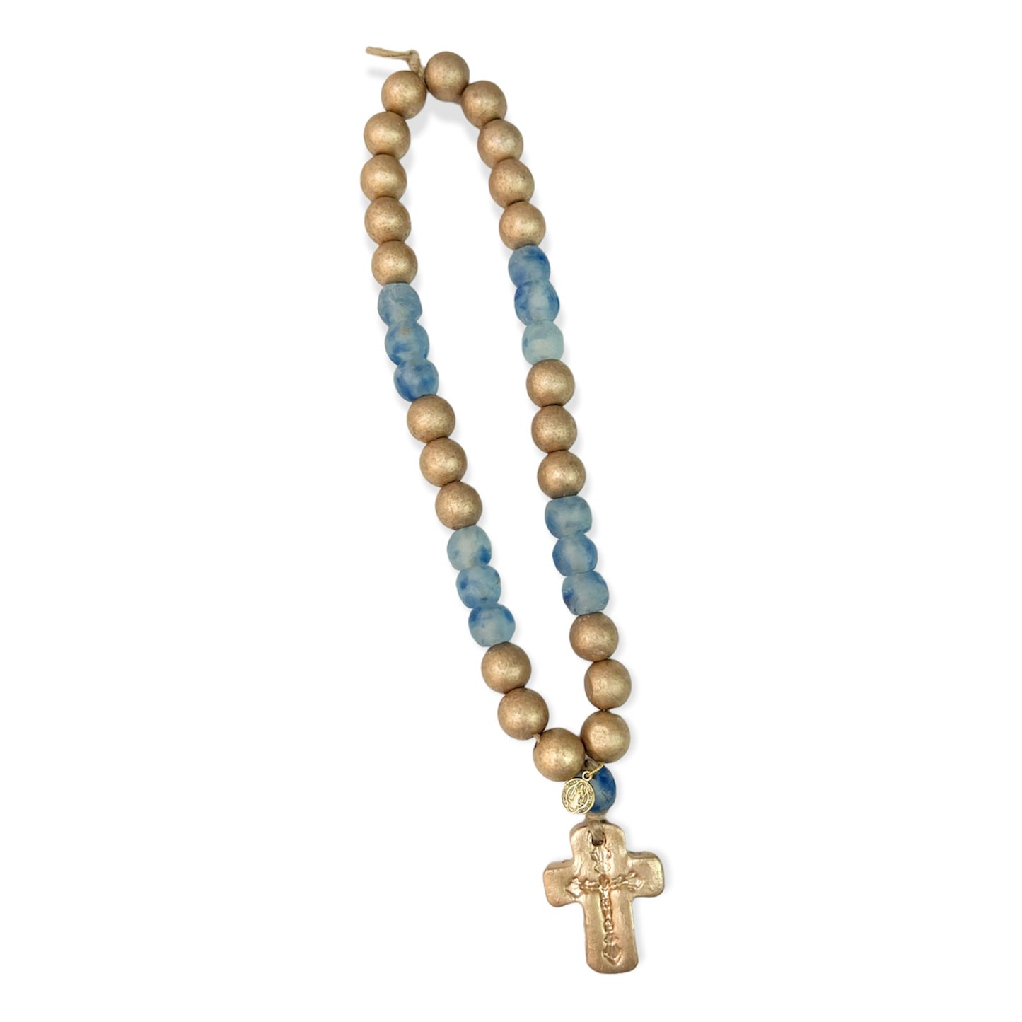 Gold Wood Beads with Glass Beads and Gold Cross