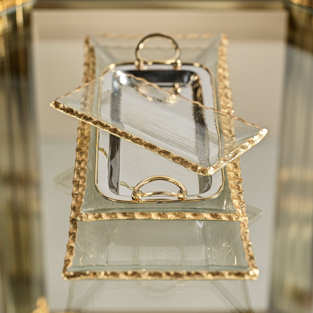 Textured Rectangular Tray with Jagged Gold Rim