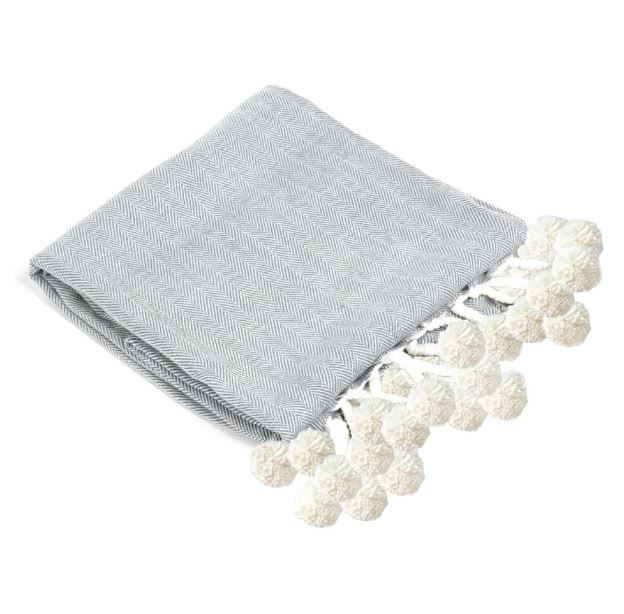 Grey Throw Blanket with Pom Poms