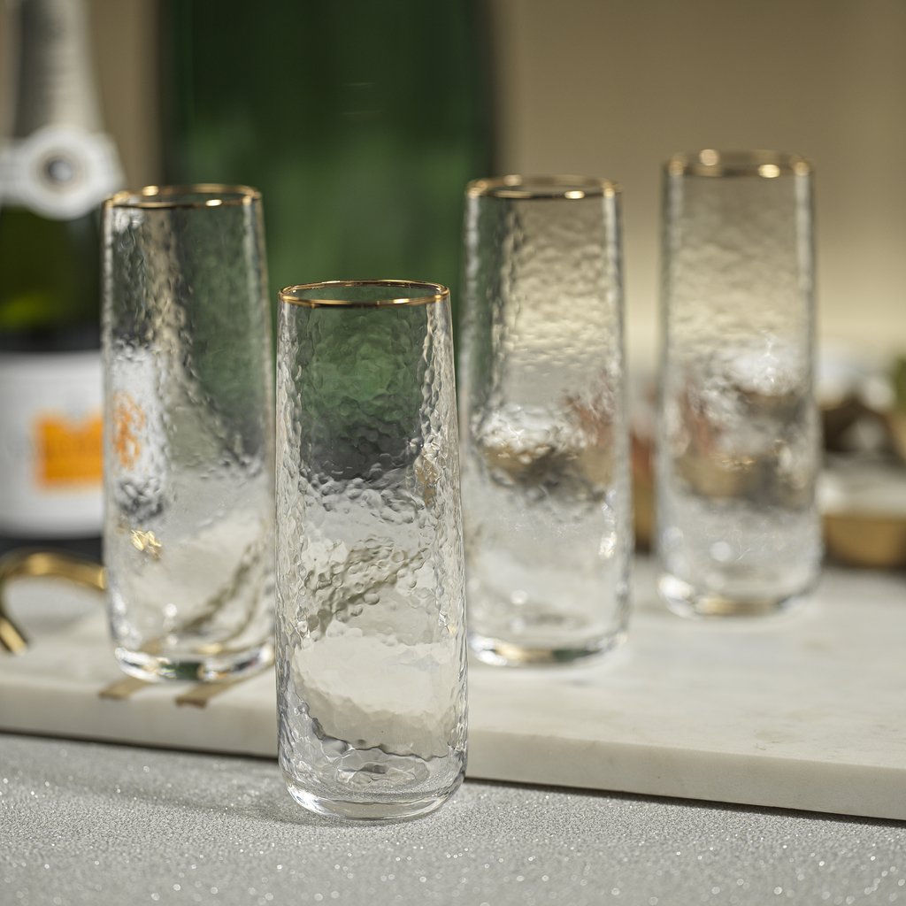 Negroni Hammered Stemless Flute - Clear with Gold Rim