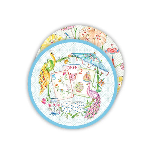 Round Coaster Handpainted Mahjong Tile with Colorful Peacock