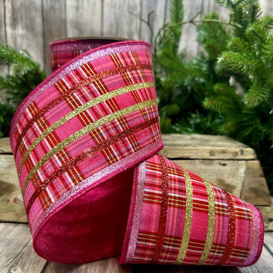 4" x 5yds Faux Dupion Plaid Glitter Stripe Ribbon, Red Pink Gold