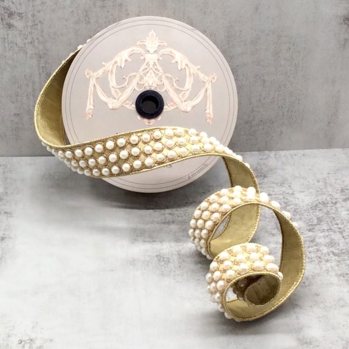 Glitter Metallic Dupion Pearls Trim Ribbon, Gold - Roll