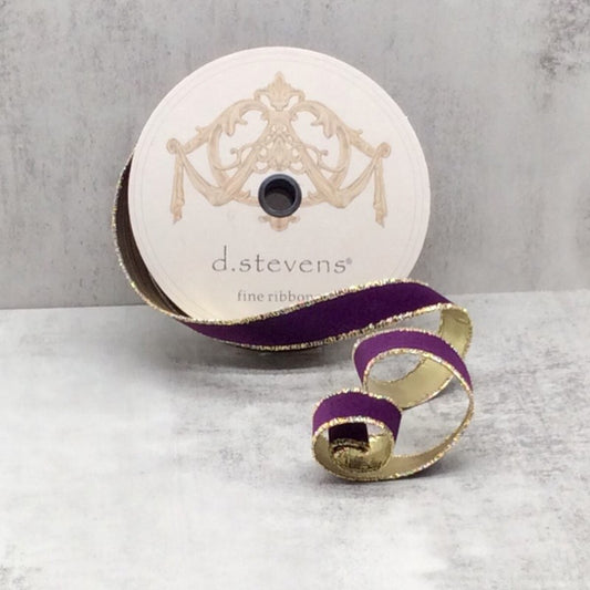 1" Flocked Velvet Metallic Gold Back Ribbon, Eggplant