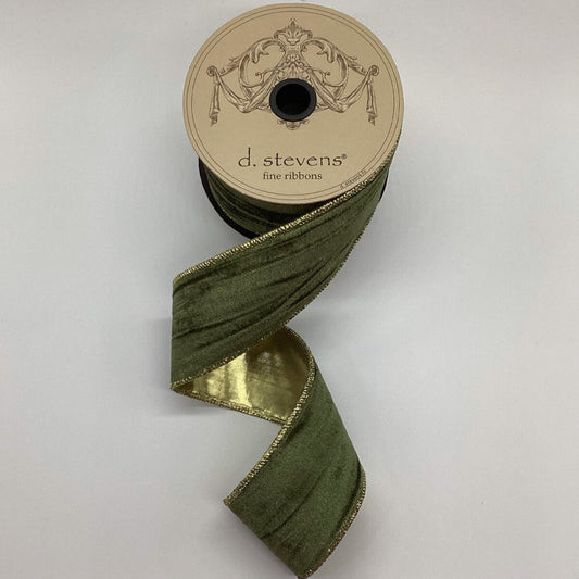 2.5" Marble Velvet Gold Lame Back Ribbon, Olive