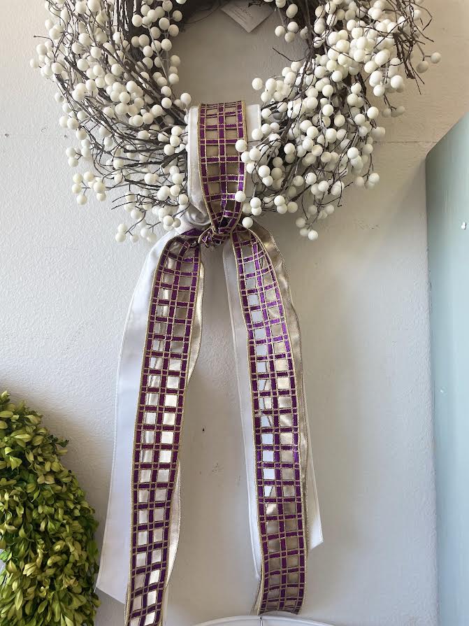 2 Yds LSU Ribbon Pack - Purple Windowpane and Gold Mesh on White Velvet