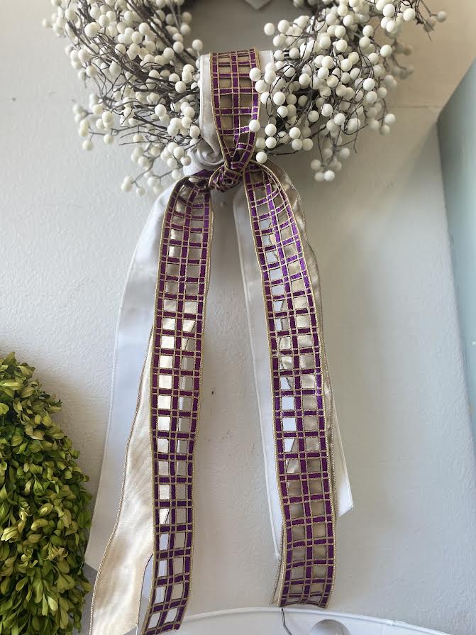 2 Yds LSU Ribbon Pack - Purple Windowpane and Gold Mesh on White Velvet