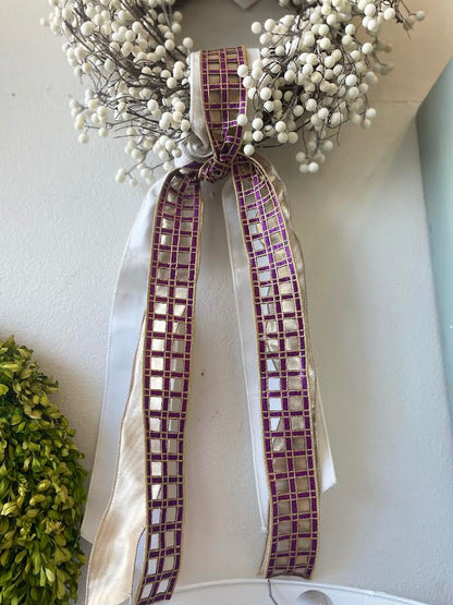 2 Yds LSU Ribbon Pack - Purple Windowpane and Gold Mesh on White Velvet