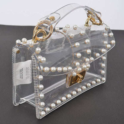 Transparent Single Handle Clutch W/Faux Pearl