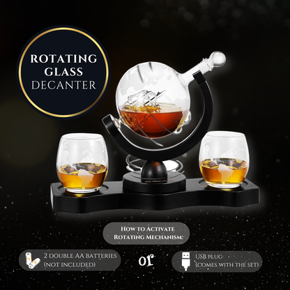 Rotating Whiskey Decanter Globe Set with 2 Glasses