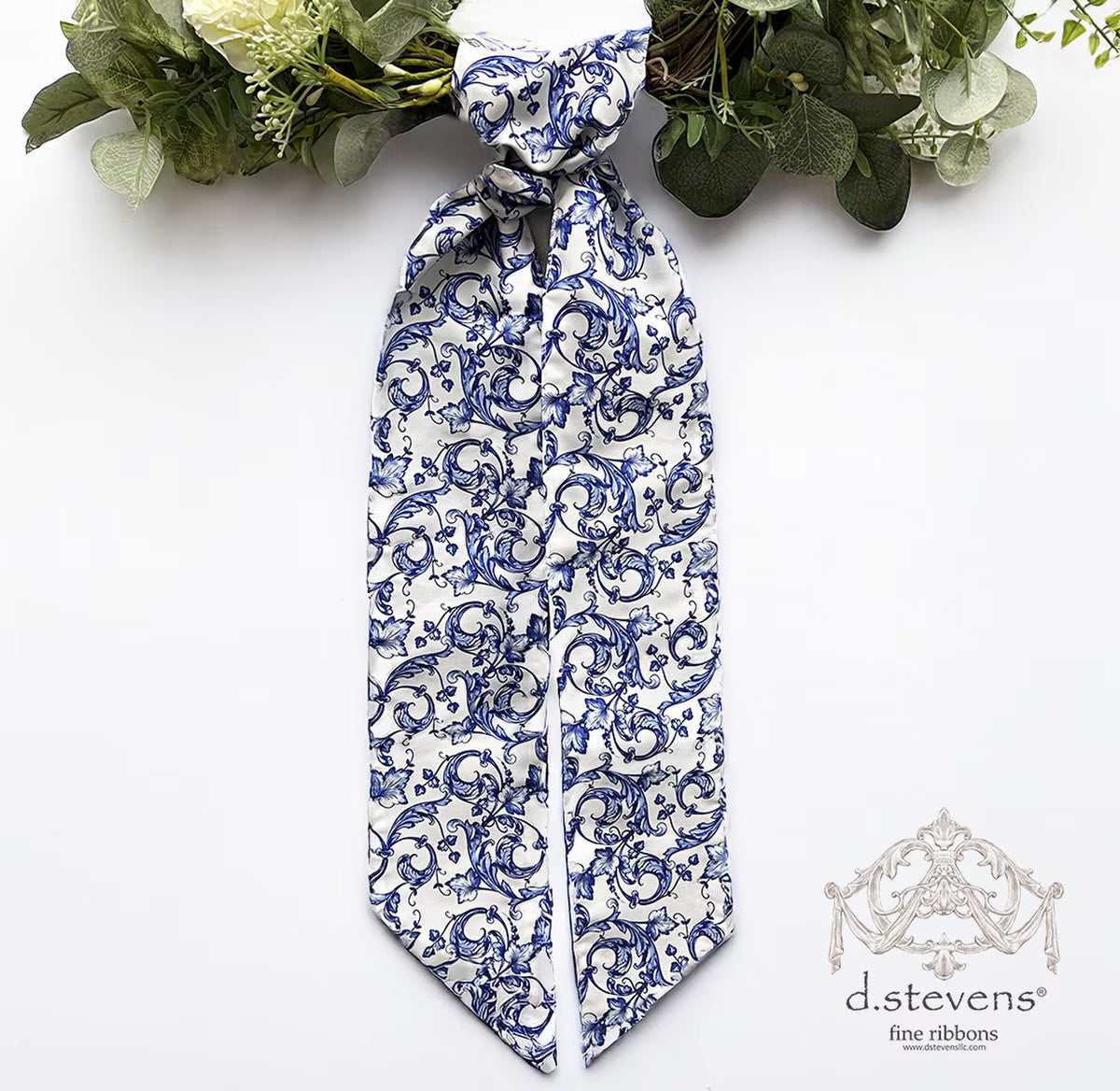 4" x 56" Taffeta Acanthus Scroll Chinoiserie Sash- Royal Blue White