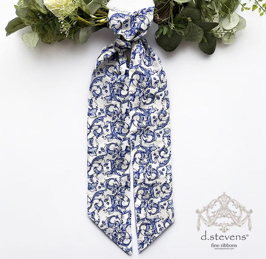 4" x 56" Taffeta Acanthus Scroll Chinoiserie Sash- Royal Blue White