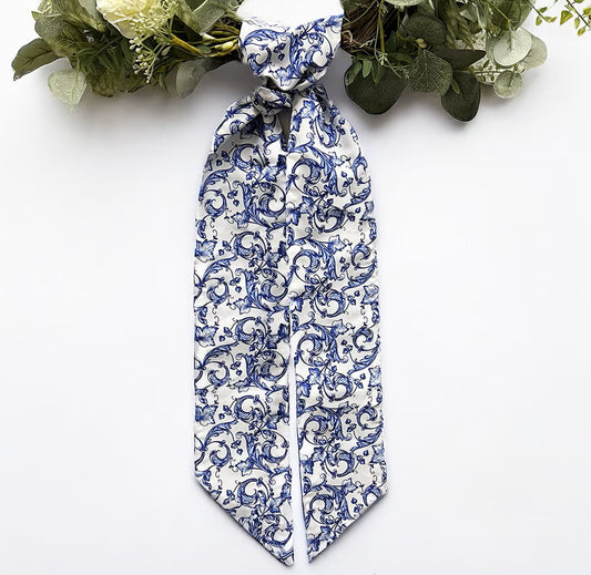 4" x 56" Taffeta Acanthus Scroll Chinoiserie Sash- Royal Blue White