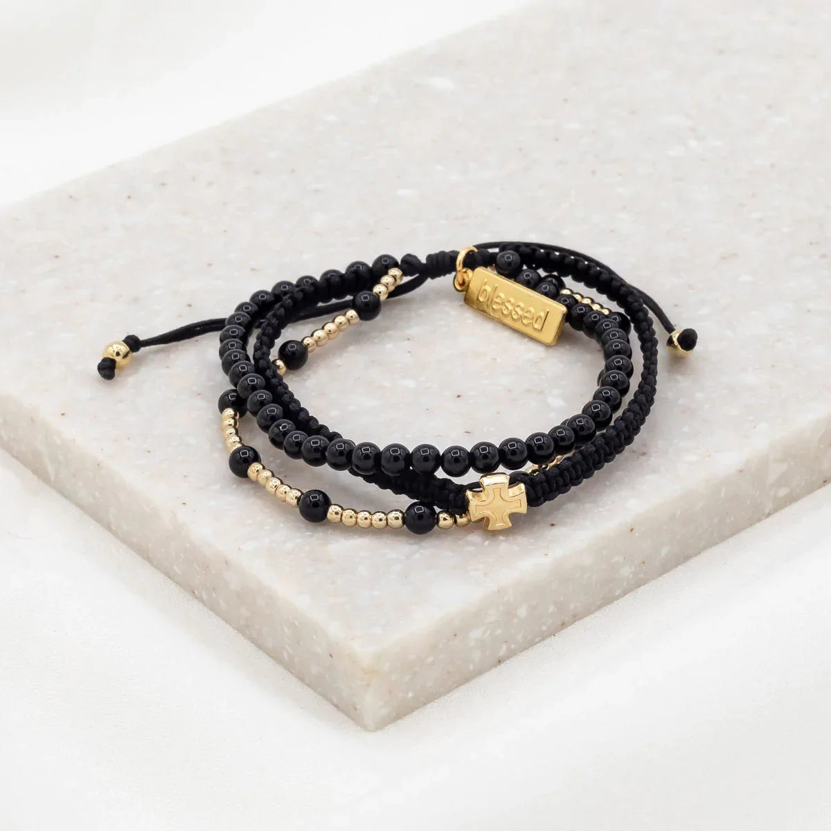 MSMH Be Still 3 Row Bracelet Gold/Black/Black Agate