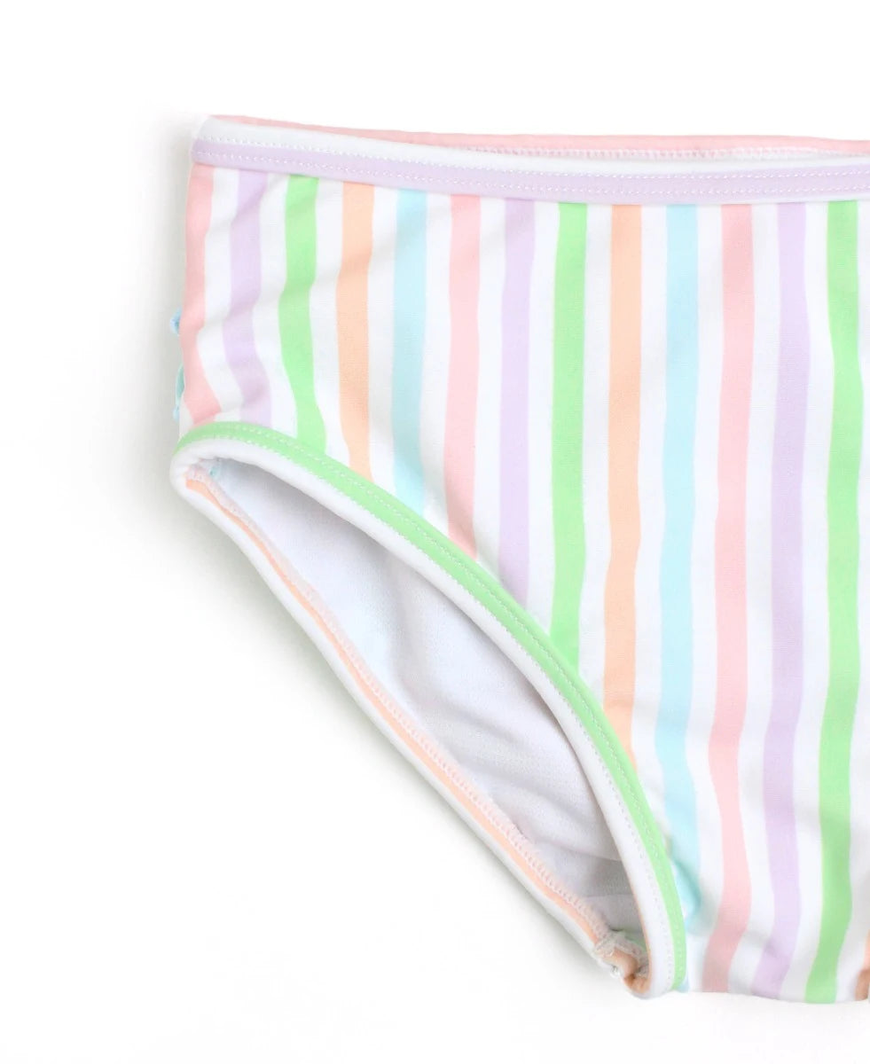Pale Rainbow Stripe Cap Sleeve Ruffle Hem Bikini 2-Piece