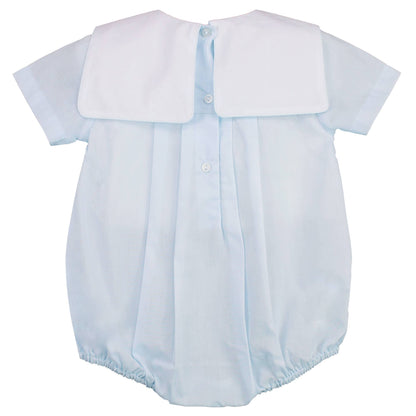 Romper with Train Embroidery in Blue: Newborn