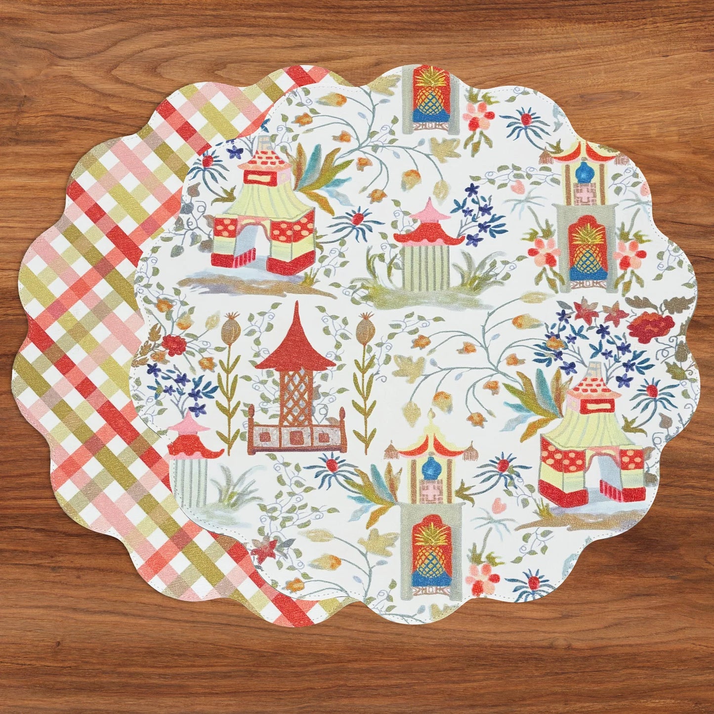 VIDA Pagoda and Carlie Plaid Reversible 15.5 Round Placemats Set of 4 Red and Orange